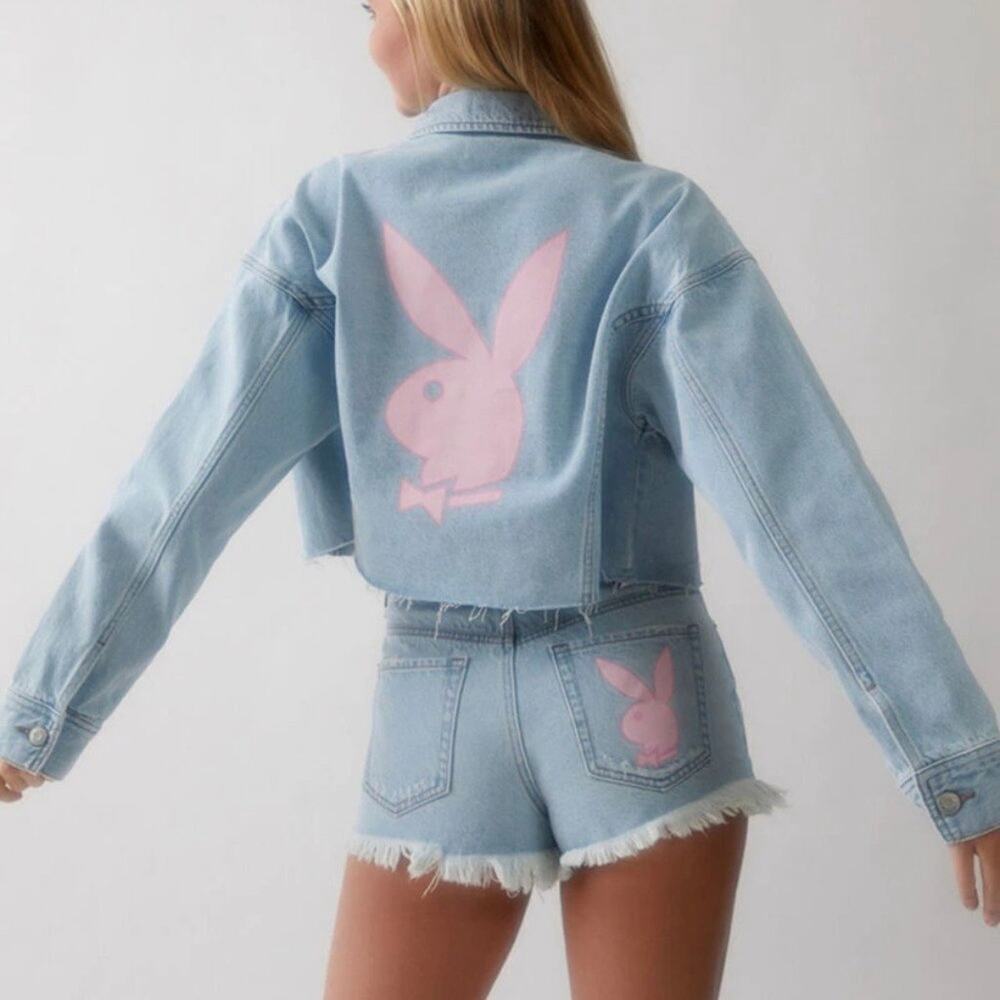 NWT PLAYBOY WOMEN'S PINK BUNNY DENIM Cropped JACKET Size M/L Streetwear